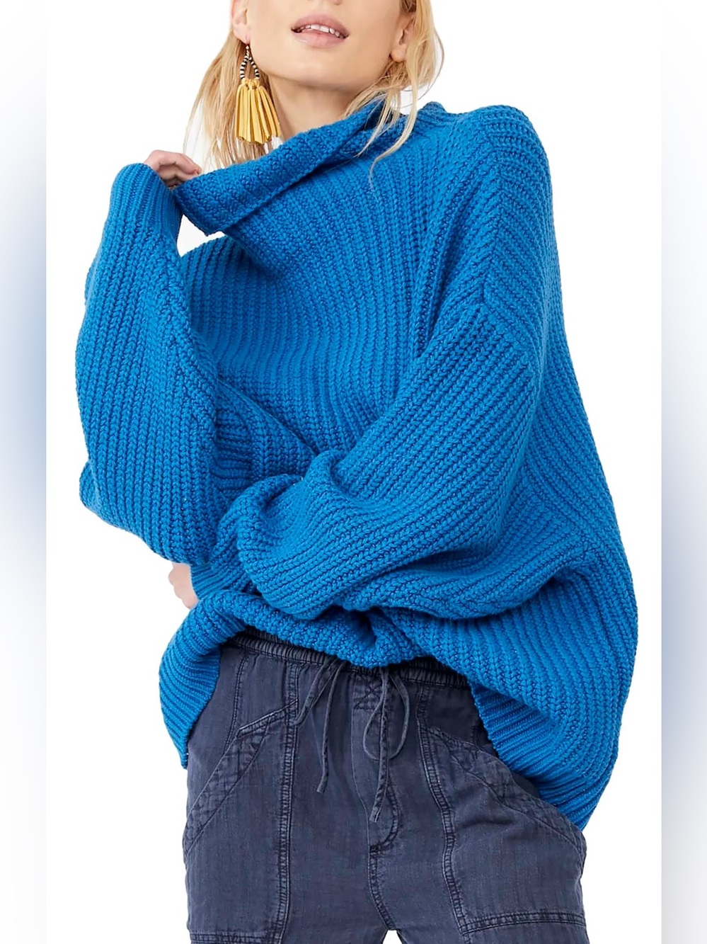 FREE PEOPLE Swim Too Deep Turtleneck Sweater in Blue Women's Small - Picture 7 of 7